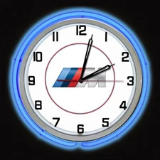 19" BMW M Series Sign Blue Neon Clock Chrome Case Bavarian Motor Works Man Cave