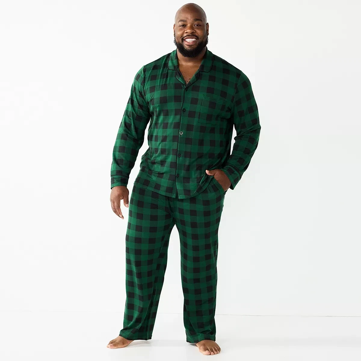 Mens Cuddl Duds Jammies For Families Beary Cool Green Buffalo Check Pajamas  2XLT