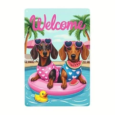Welcome Dachshund Dogs in Pool with Tin Metal Signs Home Décor Wall Art 8x12 