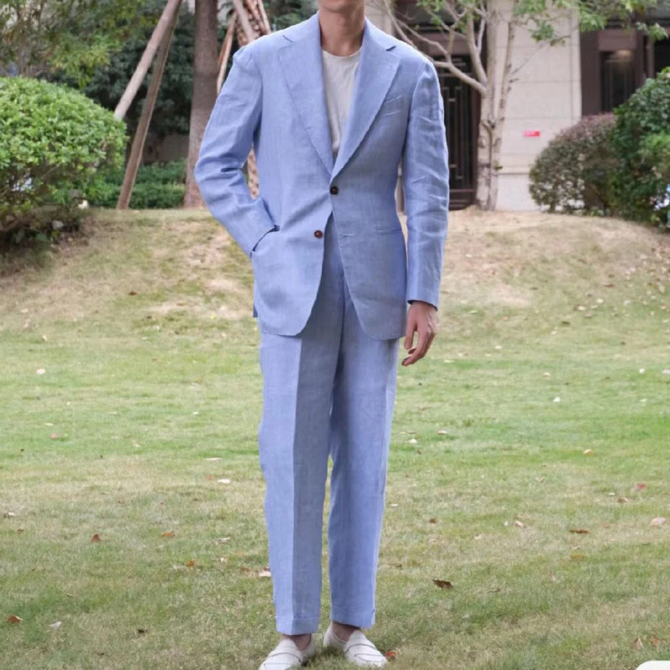 2 Piezas Trajes de Lino para Hombres Formales Estilo Hombre Negocios Primavera Boda Novio Baile de graduación Esmoquin Foto 2 de 4