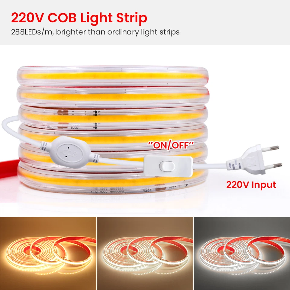 230V COB LED Streifen Wasserdicht 288LEDs/M Selbstklebend Lichtband Lichterkette - Bild 3 von 4
