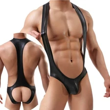 Men's Faux Leather Jockstrap Bodysuit Sexy Backless Freestyle Jumpsuits Leotard