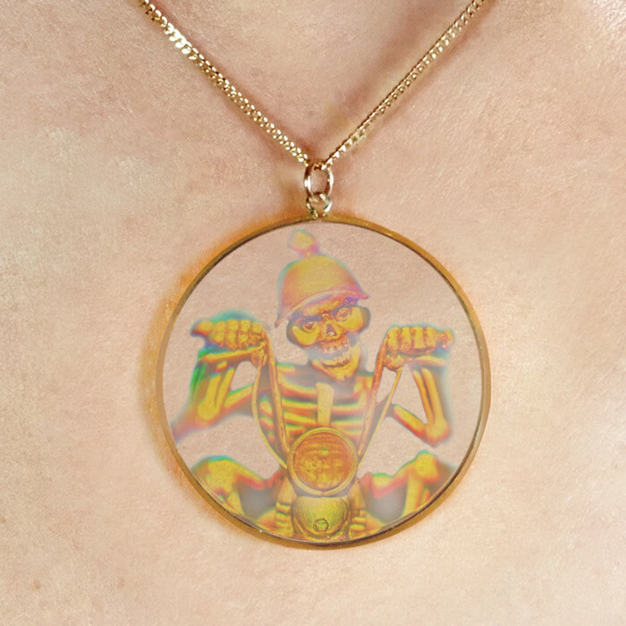 9ct Gold Hologram Pendant - Skeleton Biker Bones (Large) +  20"" Chain