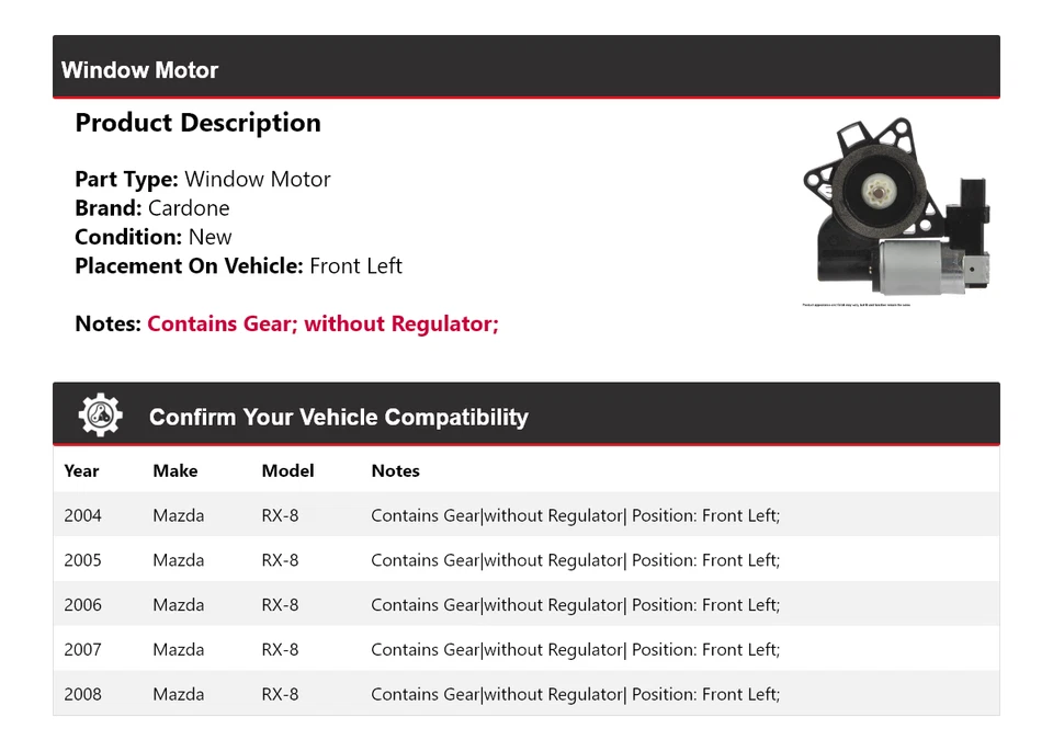 适用于 2004 - 2008 年马自达 RX-8 车窗电机前左 Cardone 2005 2006 2007 — 第 2/4 张图片