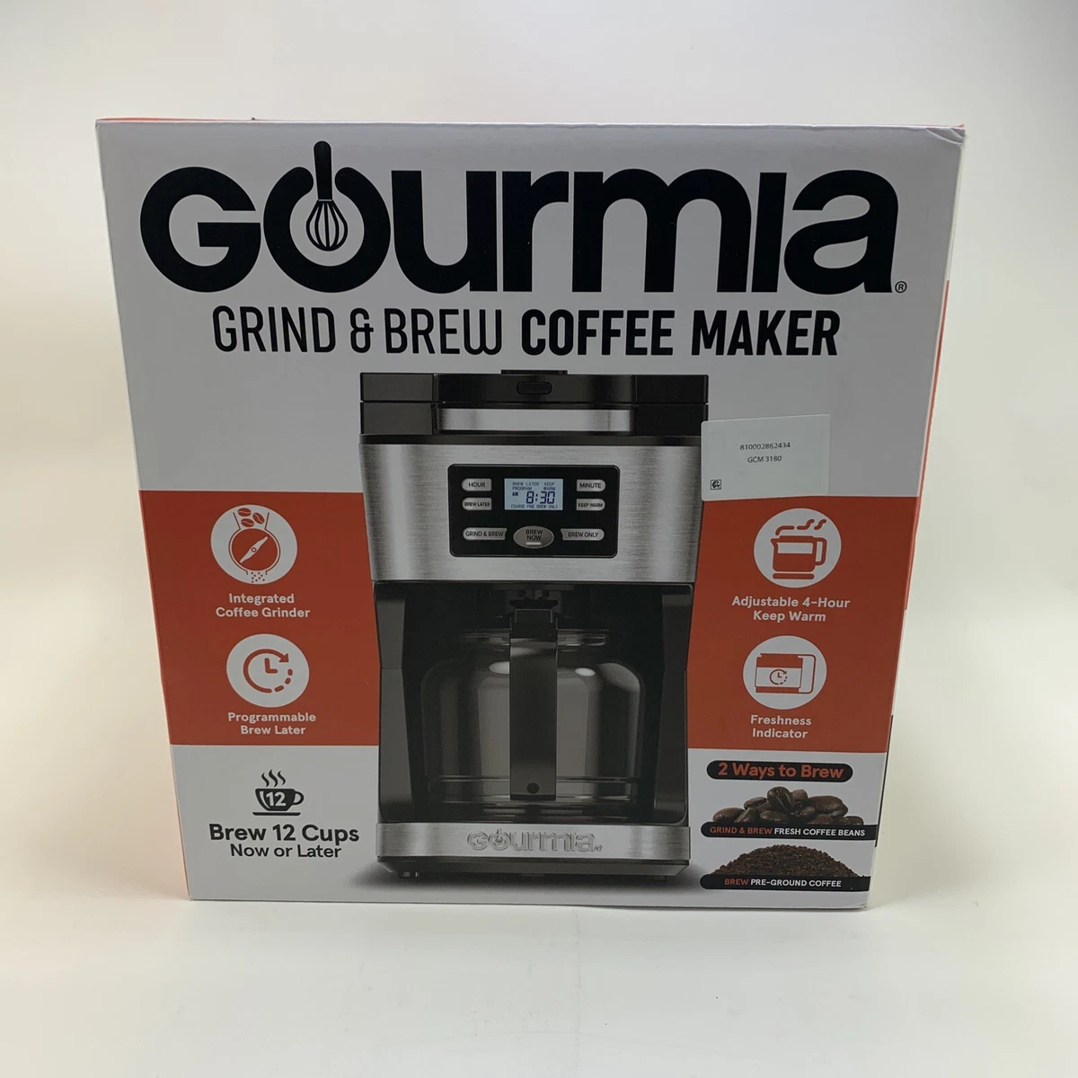 Coffee Machine, Gourmia GCM3180 Programmable 12-Cup Grind & Brew Coffee  Maker with Adjustable 4-Hour Keep-Warm and Freshness Indicator