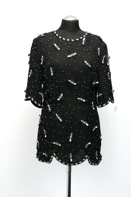 Frank Usher Damen Bluse Tunika M schwarz Applikation Rundhals kurzarm 2-lagig