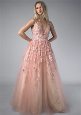 3D Flower Pink Party Dresses Birthday V-neck Prom Women Elegant Evening Gown