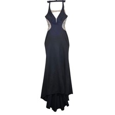 Betsy  Adam Black Beaded Mesh High-Low Mermaid Evening Gown Dress Size 8
