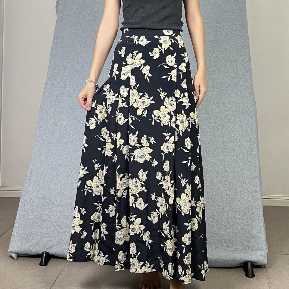 Vintage Katies Maxi Skirt Womens 18 Black Floral Flower Yellow Pleated Feminine