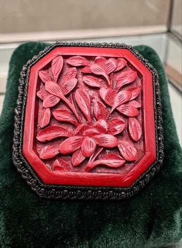 Antique Chinese Export Cinnabar Silver Filigree Dress Clip Brooch