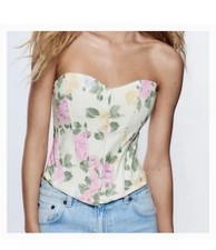 New Zara Cream Strapless Ploral Bustier Top with Pink XS
