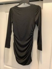 BLACK DRESS LONG SLEEVES LIGHTWEIGHT SZ M GATHERED AT SIDES W/ FRONT FLOWS