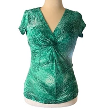 INC Emerald Green Short Sleeve V-Neck Twist Top - Medium