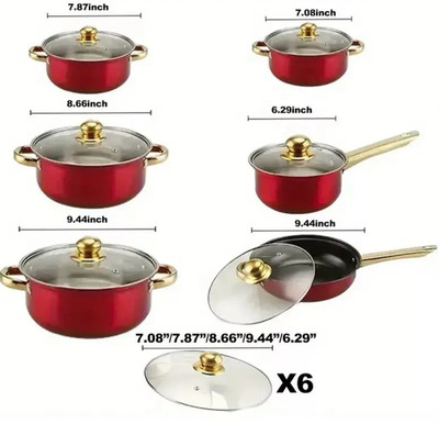 12PC STAINLESS STEEL COOKWARE SET POTS AND PANS IN RED W GOLD HANDLES BRAND NEW