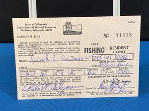 1972 Wisconsin Resident VTG Fishing License Williams Bay WI Lt#30