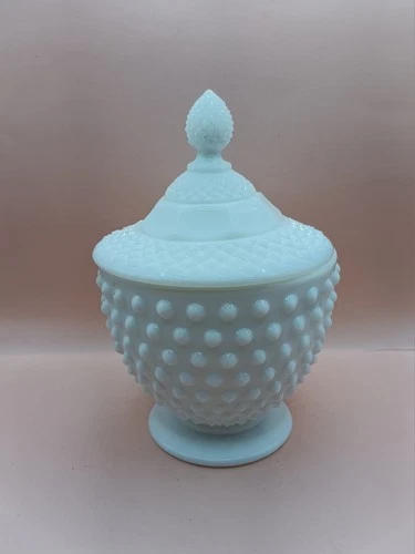 Vintage Fenton Hobnail White Milk Glass Lidded Candy Dish 7"