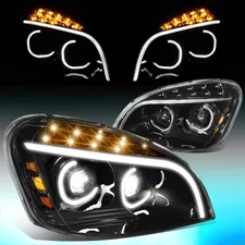 For 2008-2017 Freightliner Cascadia Full LED C-Halo/ Projector Headlights Black