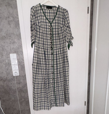 Berwin & Wolff Damen Kleid Gr. 46 kariert Grau/Grün V-Ausschnitt Knopfleiste