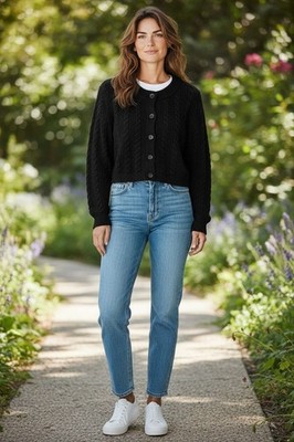 OPEN EDIT Women's Navy Black Knit Crop Cardigan SMALL