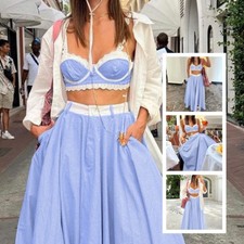 2 Pieces Lace Splicing Sling Vest High Waist Big Swing Skirt Fashion Blue Print
