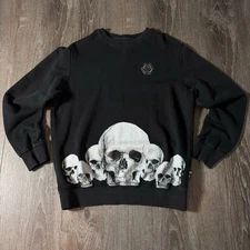 Philipp Plein Black Skull Graphic Sweatshirt Crewneck Made in Italy Size M