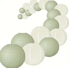 Paper Lanterns Party Decorations, Round, Sage Green And Ivory. 20pc Set 3 Sizes