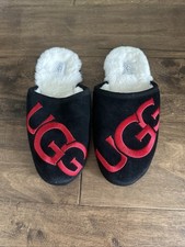 Black UGG Suede Scuff Red Logo Shearling Slippers size 10 1101324