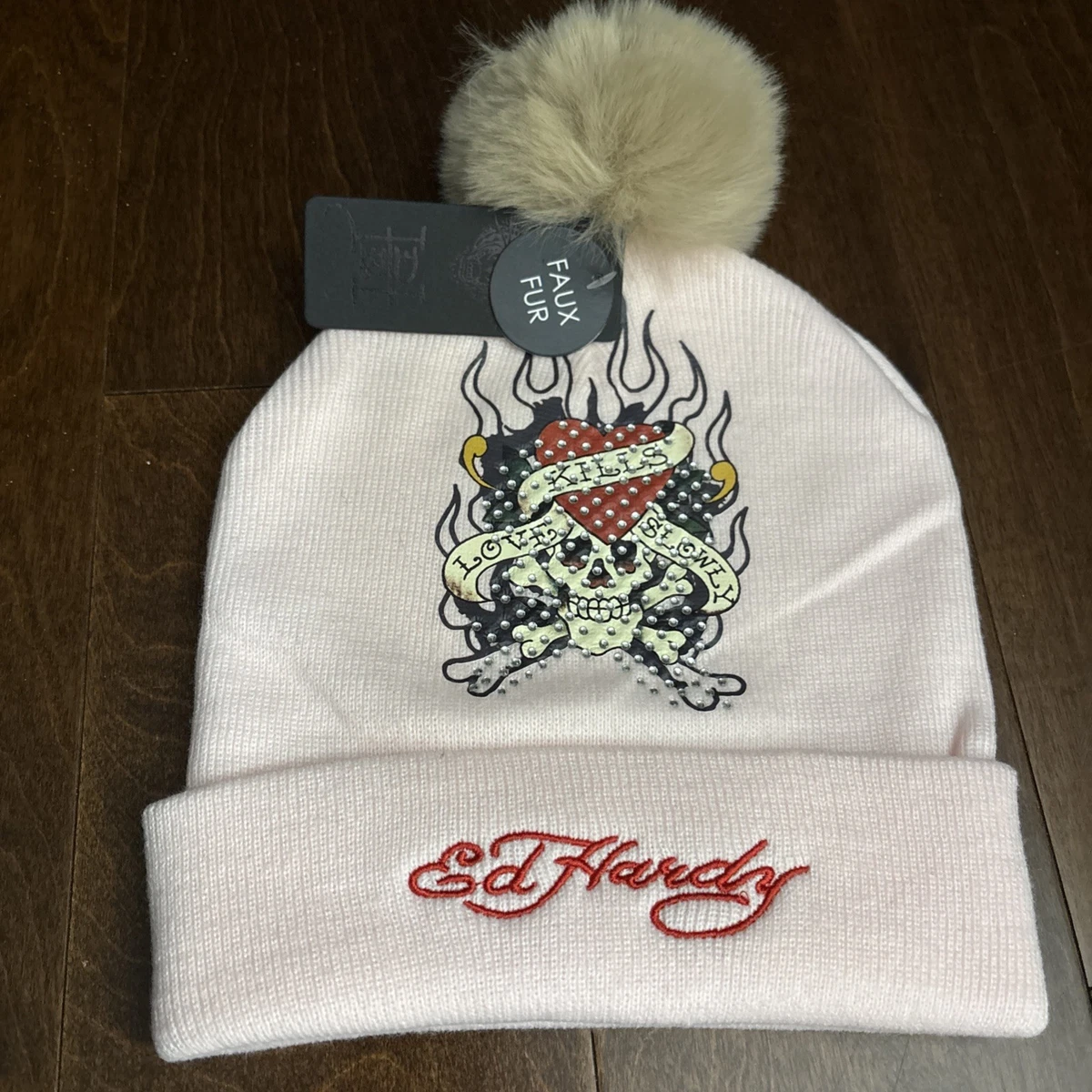 Ed Hardy Women\'s Trapper Soft Light  Pink Faux Fur Pompoms Love Kills Skull Ed Hardy Pink Hats for Women for sale | eBay main image 4
