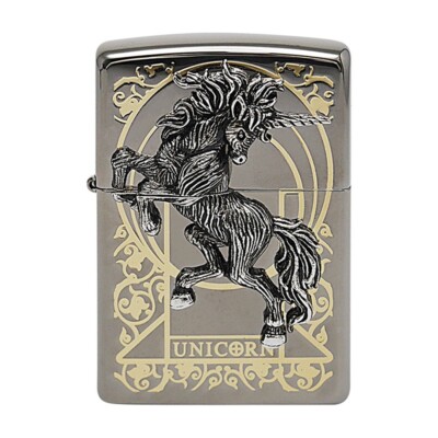 Zippo Lighter Unicorn Black Genuine Windproof Free Shipping 6 Flints New in Box