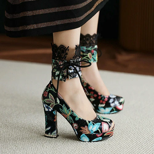 Scarpe da sposa donna stampa retrò punta rotonda pizzo tacco spesso tacco super alto - Foto 3 di 17