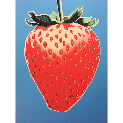 A Single Strawberry Artwork Red Blue Minimalist Kitchen Canvas Poster Print Art