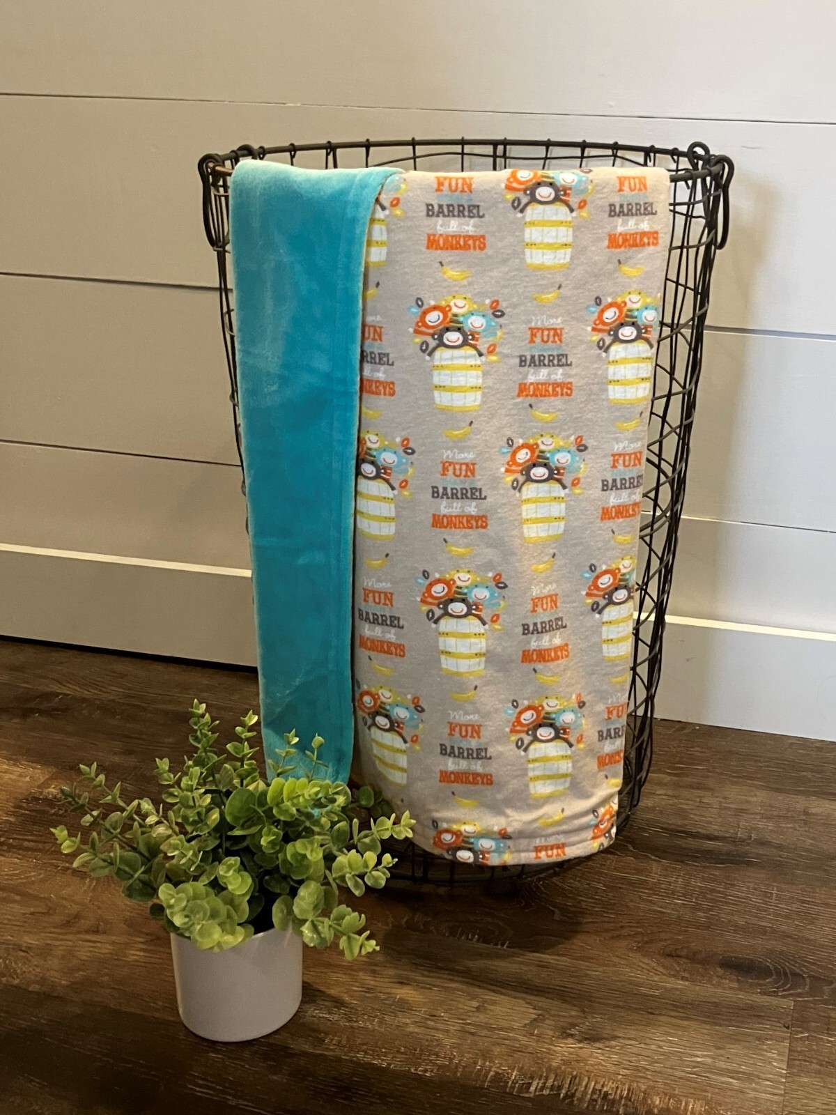 Baby Gift Blanket Barrell Full of Monkeys Minky Flannel Shower Present Handmade