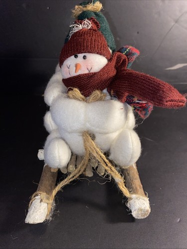 Christmas Winter Home Decor 3 Plush Snowmen On A Wood Sled - Picture 2 of 8