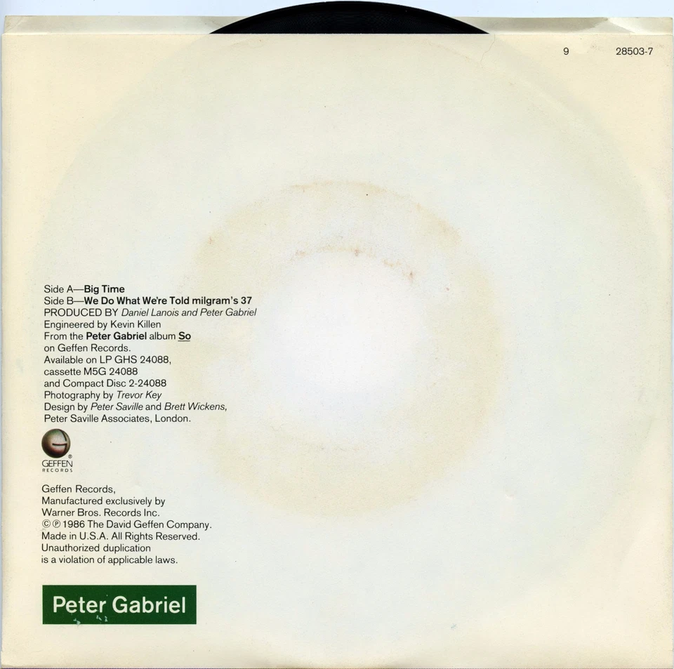 PETER GABRIEL “Big Time” (45 RPM) 7” Vinyl Record w/ Picture Sleeve MINT - Image 2 of 2