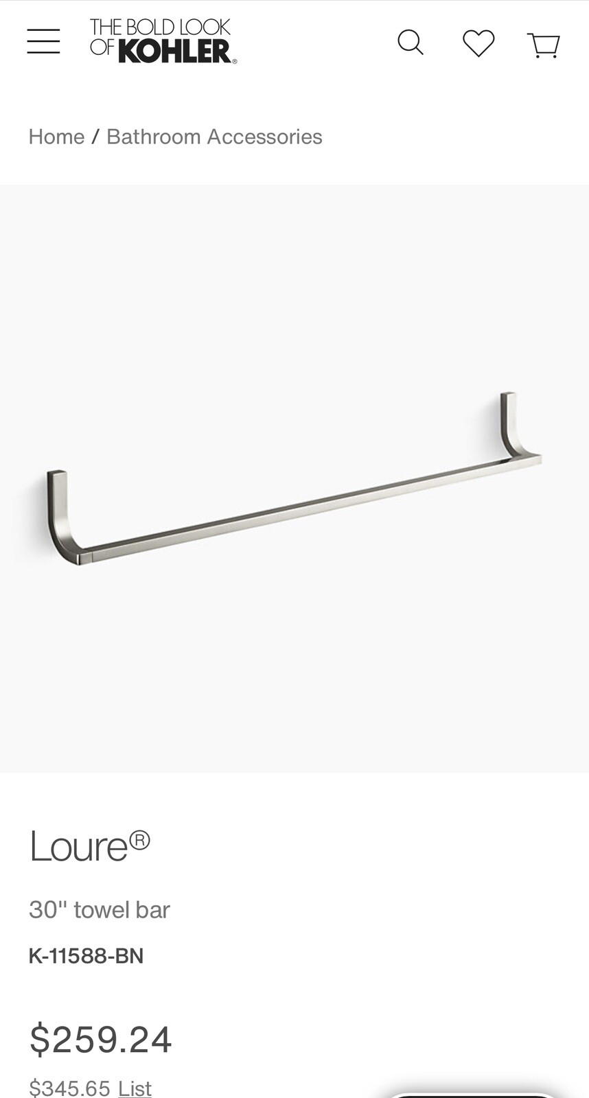 Kohler K11588BN Loure 30" towel bar rack bathroom accessories eBay