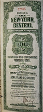 Antique 1913 New York Central Railroad Co. 4 1/2% $1000 Bond Certificate, Green