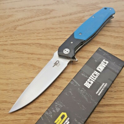 Bestech Knives Swordfish Liner Folding Knife 4'' D2 Blade Black/Blue G10 Handle