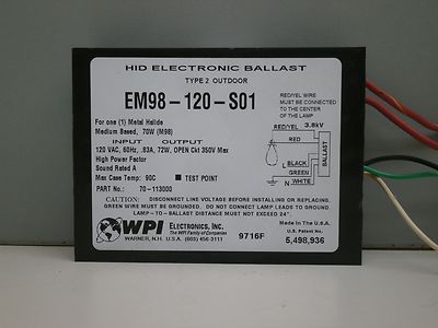 WPI EM98-120-S01 HID Electronic Metal Halide Ballast for (1) 70W M98 Med Lamp