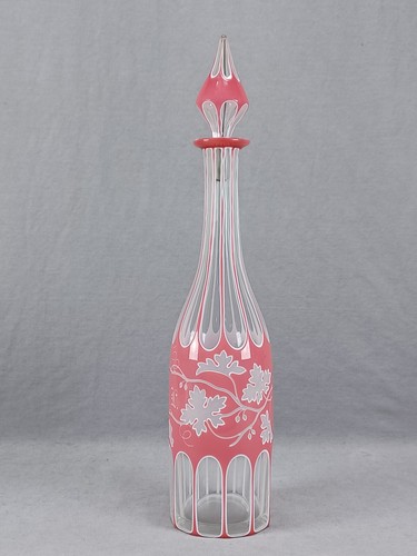 Antique Bohemian Cased Pink & White Double Overlay Monogrammed Decanter AS IS - Picture 4 of 18