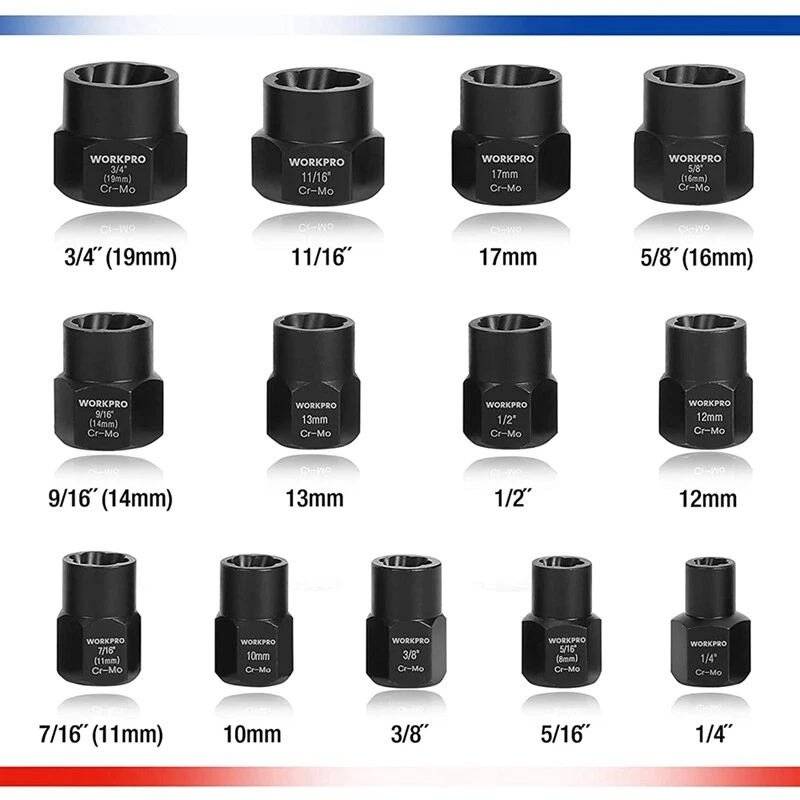 WORKPRO 15PC Nut Remover & Impact Bolt Set 3/8" Drive Bolt Extractor Black Oxide - Image 2 of 4