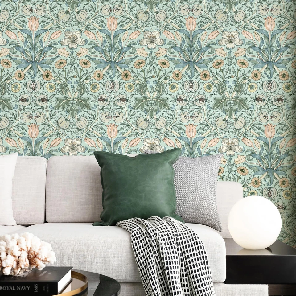 17.3"x118" William Morris Peel and Stick Pink Blue Lily Pomegranate Wallpaper - Image 2 of 4