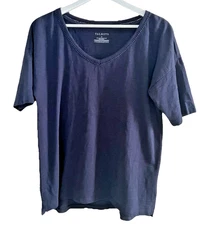 Talbots Womens Medium M V Neck Short Sleeve Top Navy Blue Cotton Blend Tee
