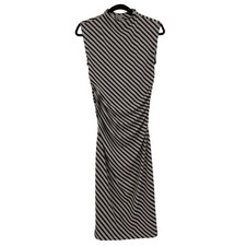 H&M Striped Ruched Midi Dress M Beige Black Mock Neck Sleeveless Office Siren