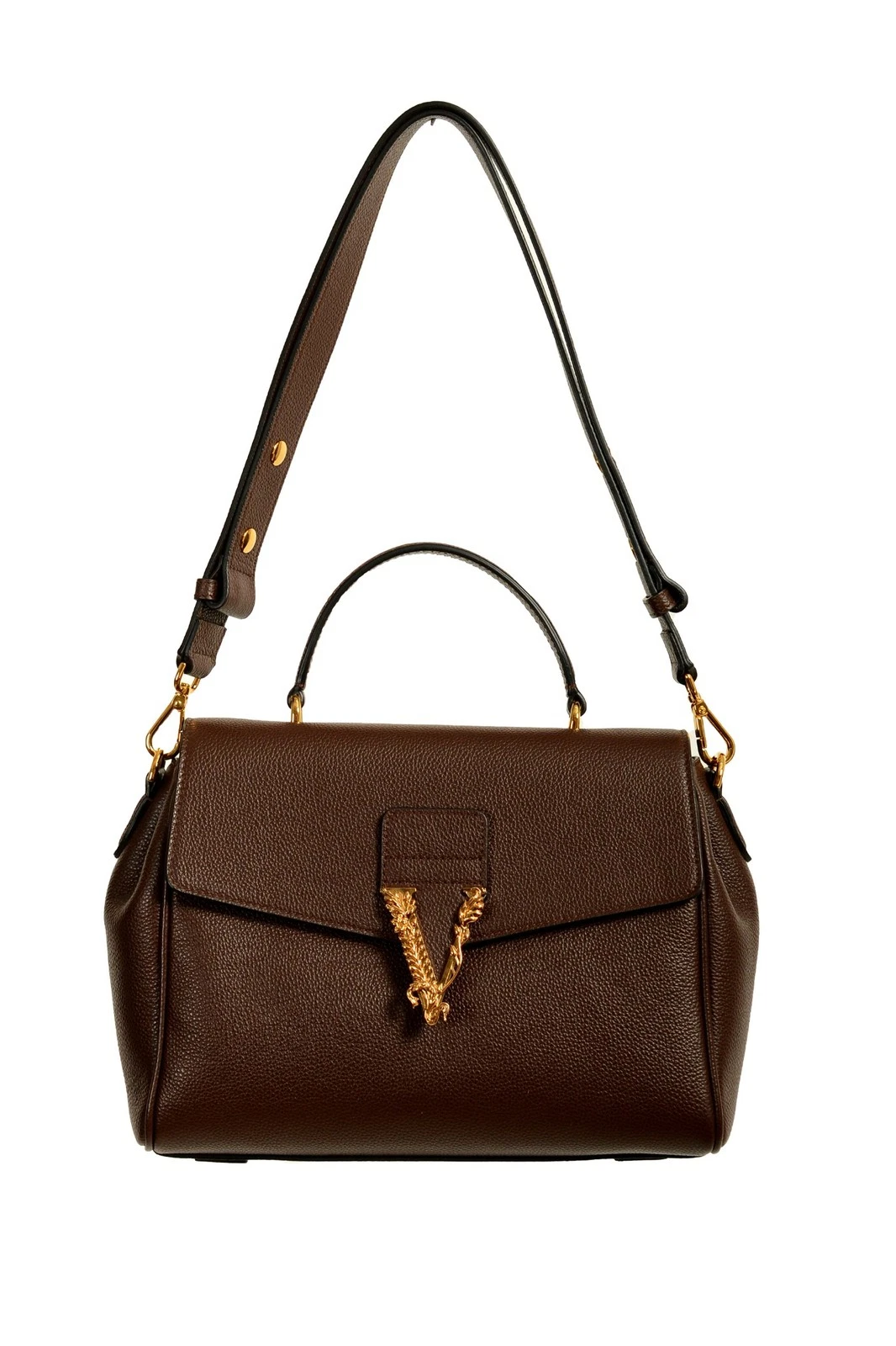 Versace — Versace Women's Brown Grainy Leather Gold V Logo Satchel Handbag Shoulder Bag