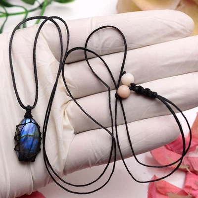 USHAQGEMS Anhänger-Halskette Labradorit Blue Flash Natur Makramee Fächer - Bild 1 von 4