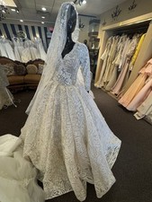 Sequin Lace Ball Gown Wedding Dress Long Sleeve Veil Set SK Boutique US Size 12