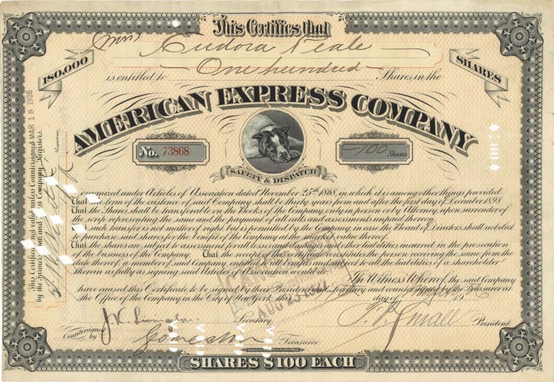 American Express Co. signed by F.P. Small - 1926 dated Autographed Stock Certi