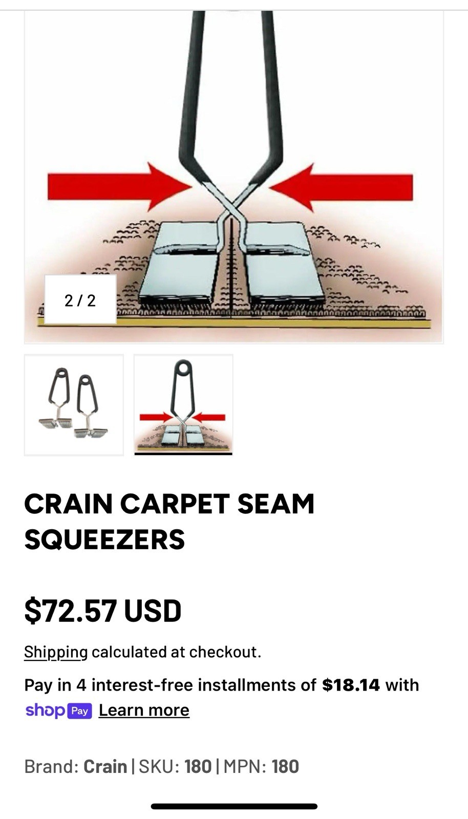CRAIN Two #180 CUSHIONBACK Seam Squeezers Carpet Tool FREE SHIP