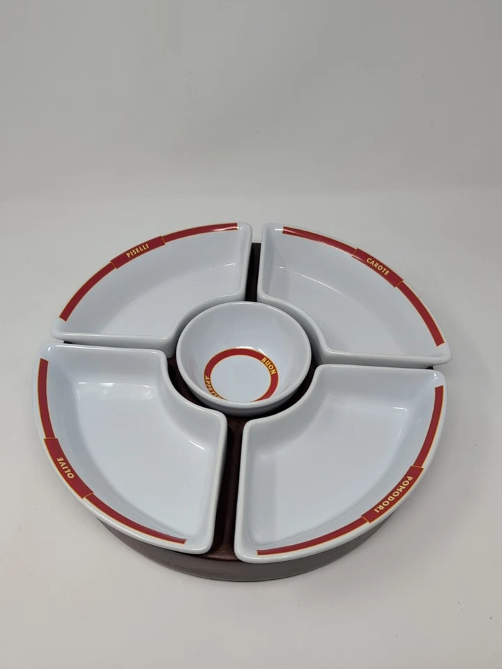 Pottery Barn Pasta Rustica Condiment Carousel Lazy Susan Wood Porcelain Tray - Image 3 of 4