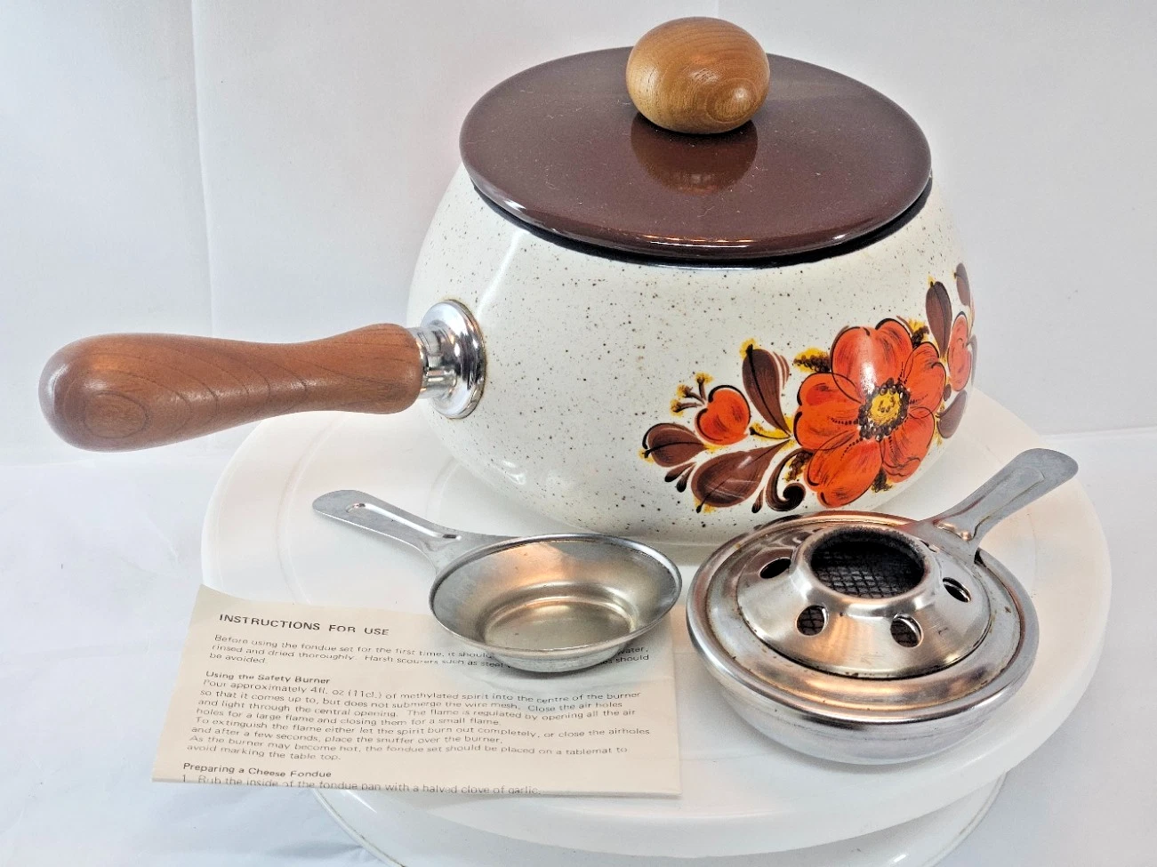 Vintage 1970s Japanese Floral Enamel Fondue Set Retro Orange Flower Power Pot
